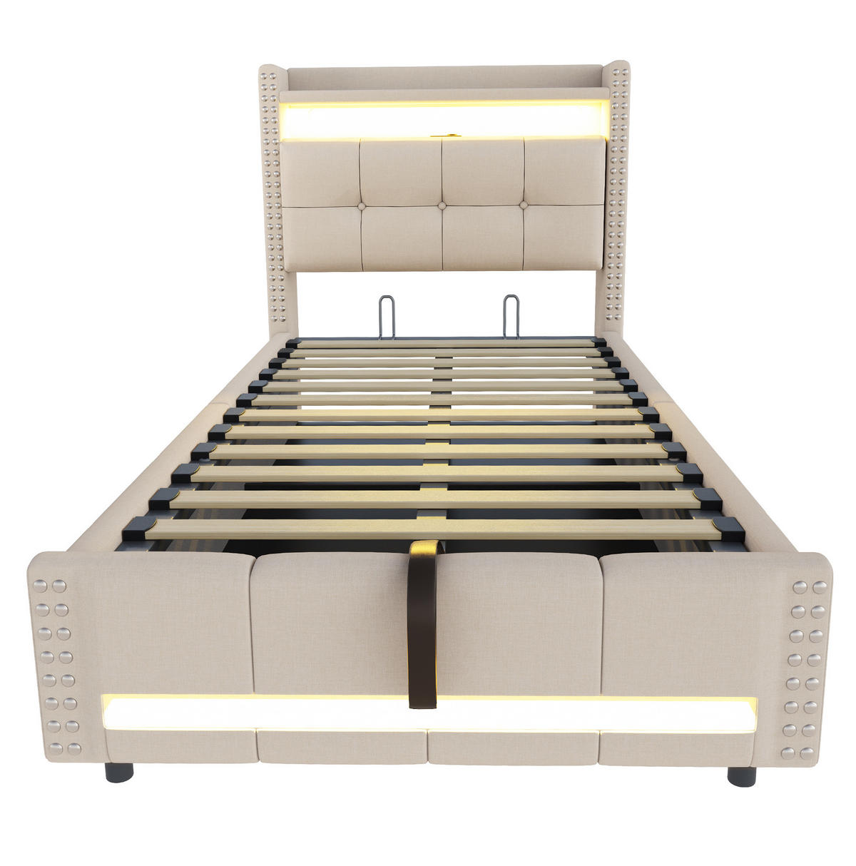 POLSTERBETT aus Leinenstoff 90x200 cm in Beige mit LED, USB & Stauraum - Beige, Textil (90/200cm) - Modfu