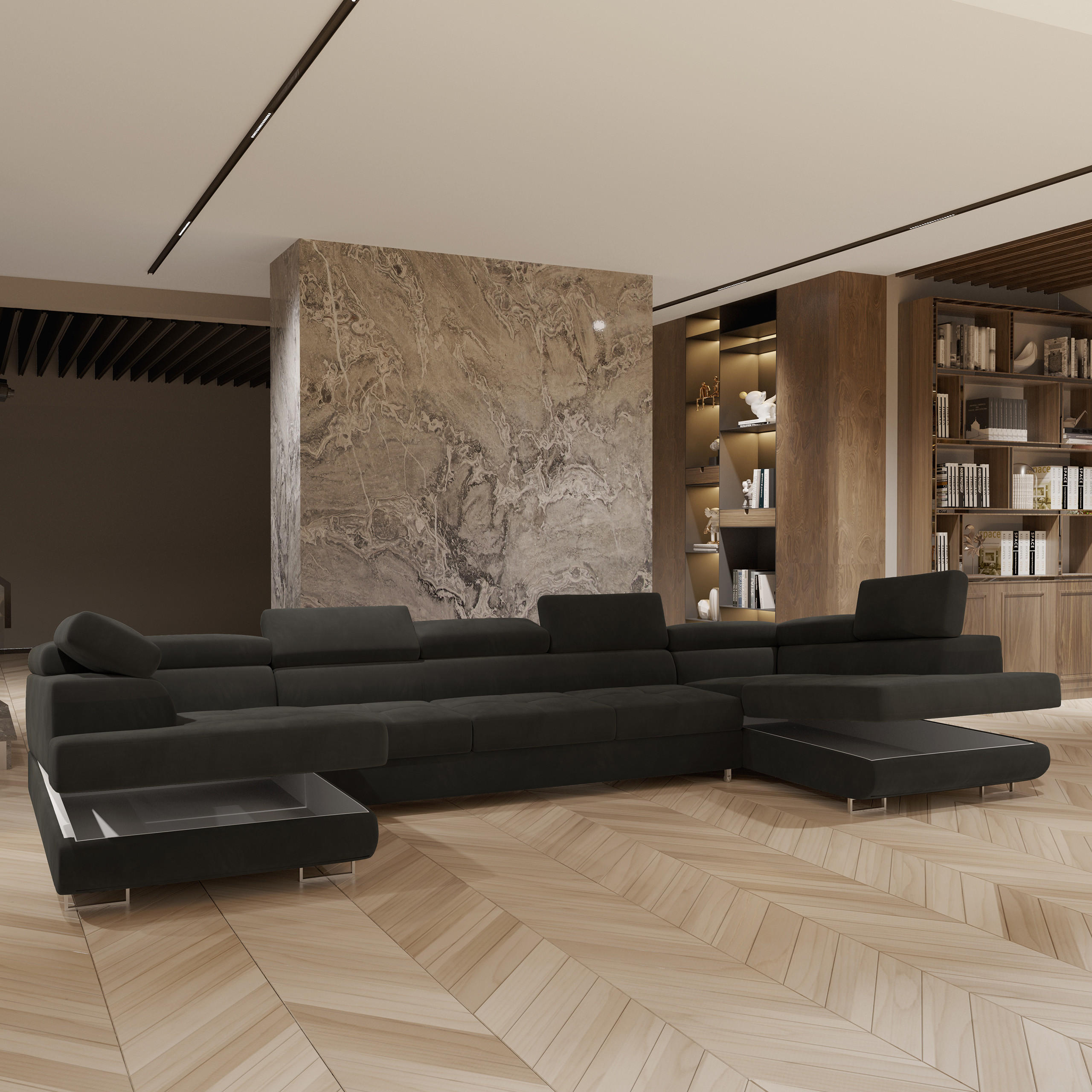 Thumbnail - Masseno Wohnlandschaft, Schwarz, Holz, 7-Sitzer, U-Form, 408x90x202 cm, Wohnzimmer, Sofas & Couches, Wohnlandschaften, W...
