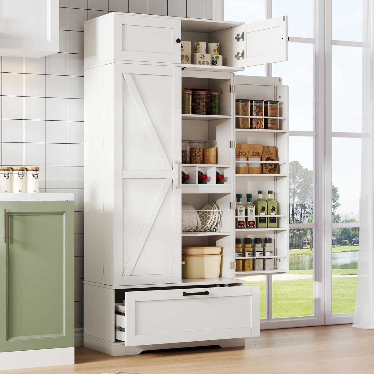 BUFFET 80/40/180 cm weiß aus MDF mit Weinregal - Weiß, Holzwerkstoff (80/180/40cm) - OKWISH