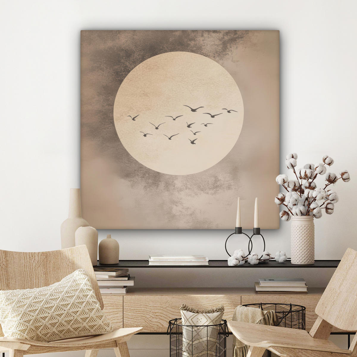 LEINWANDBILD Vogel - Beige - Japanisch Deko Groß 90x90 cm - Taupe, Textil (90/90cm) - MuchoWow