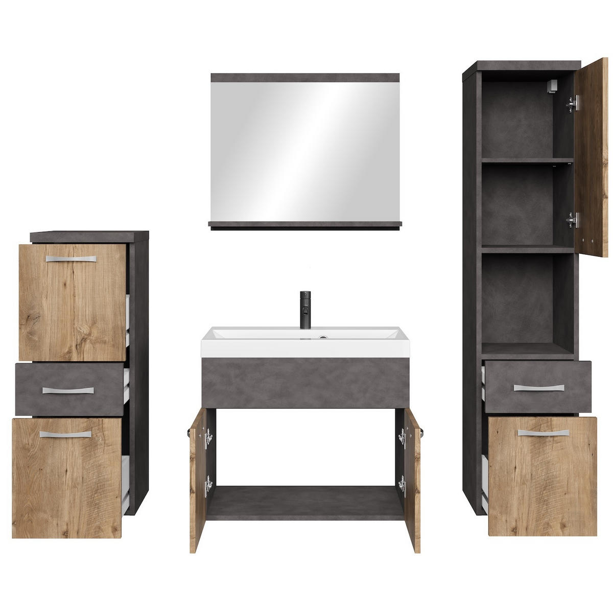 BADMÖBEL-SET Alba 5 Teile Kastanien Eiche / Grau - 60 x 35 x 51 cm - Eichefarben/Schwarz, Holz (60/51/35cm) - Badplaats