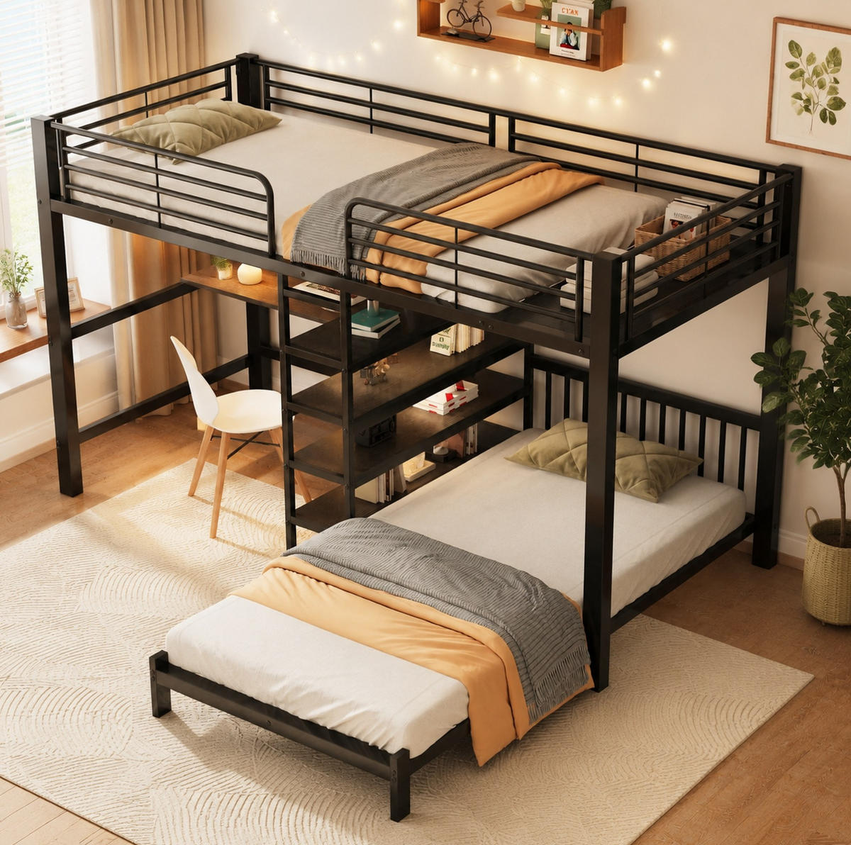 HOCHBETT aus Metall und MDF 90x200 cm Schwarz mit Schreibtisch, Stauraumtreppe und USB-/Type-C-Anschluss - Schwarz, Holzwerkstoff (90/200cm) - IVMEU