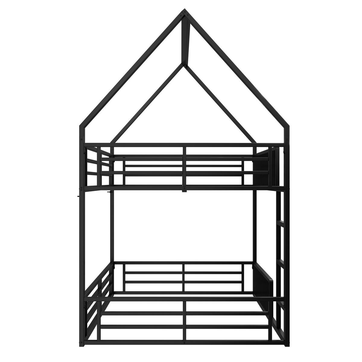 ETAGENBETT 140/200 cm Schwarz mit Zaun und LED-Licht - Schwarz, Metall (140/200cm) - Oxeza
