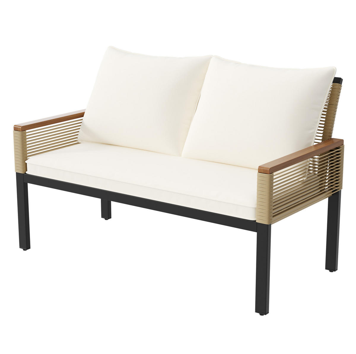 GARTENLOUNGE-SET mit 2 Sesseln, Doppelsofa und Tisch aus Polyrattan mit Akazienholz, Beige - Beige, Metall - Redom
