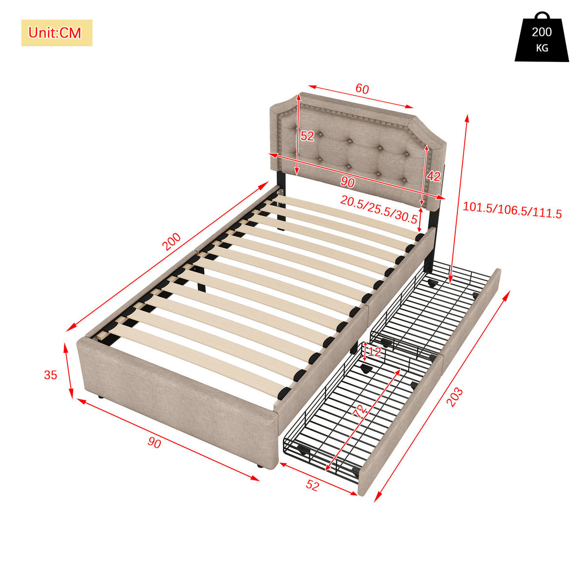 POLSTERBETT 90/200 cm Dunkelbeige mit Aufbewahrung und Zierknöpfen - Beige, Textil (90/200cm) - OKWISH