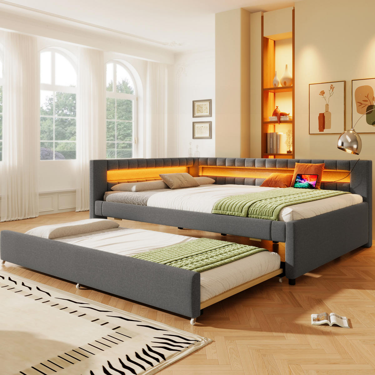 POLSTERBETT 140/200 cm Grau mit Ausziehbett LED-Beleuchtung und USB- und Type-C-Anschlüssen - Grau, Textil (140/200cm) - OKWISH