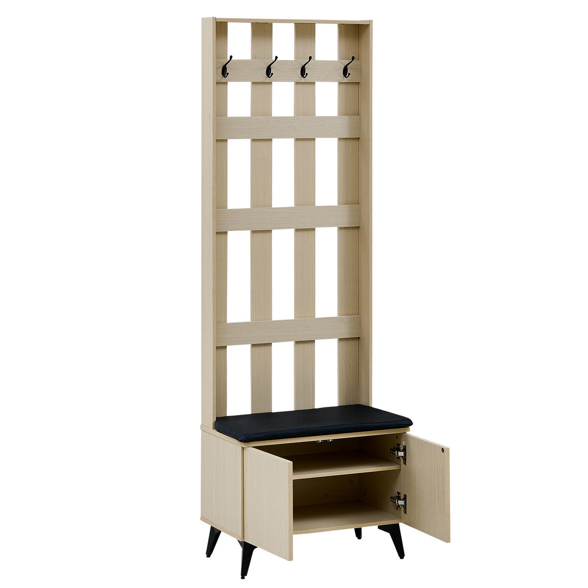 GARDEROBE Sitzbank Kleiderhaken 4 Haken Stahl Schwarz Flur Modern - Naturfarben, Holzwerkstoff (60/179.5/35cm) - FLIEKS