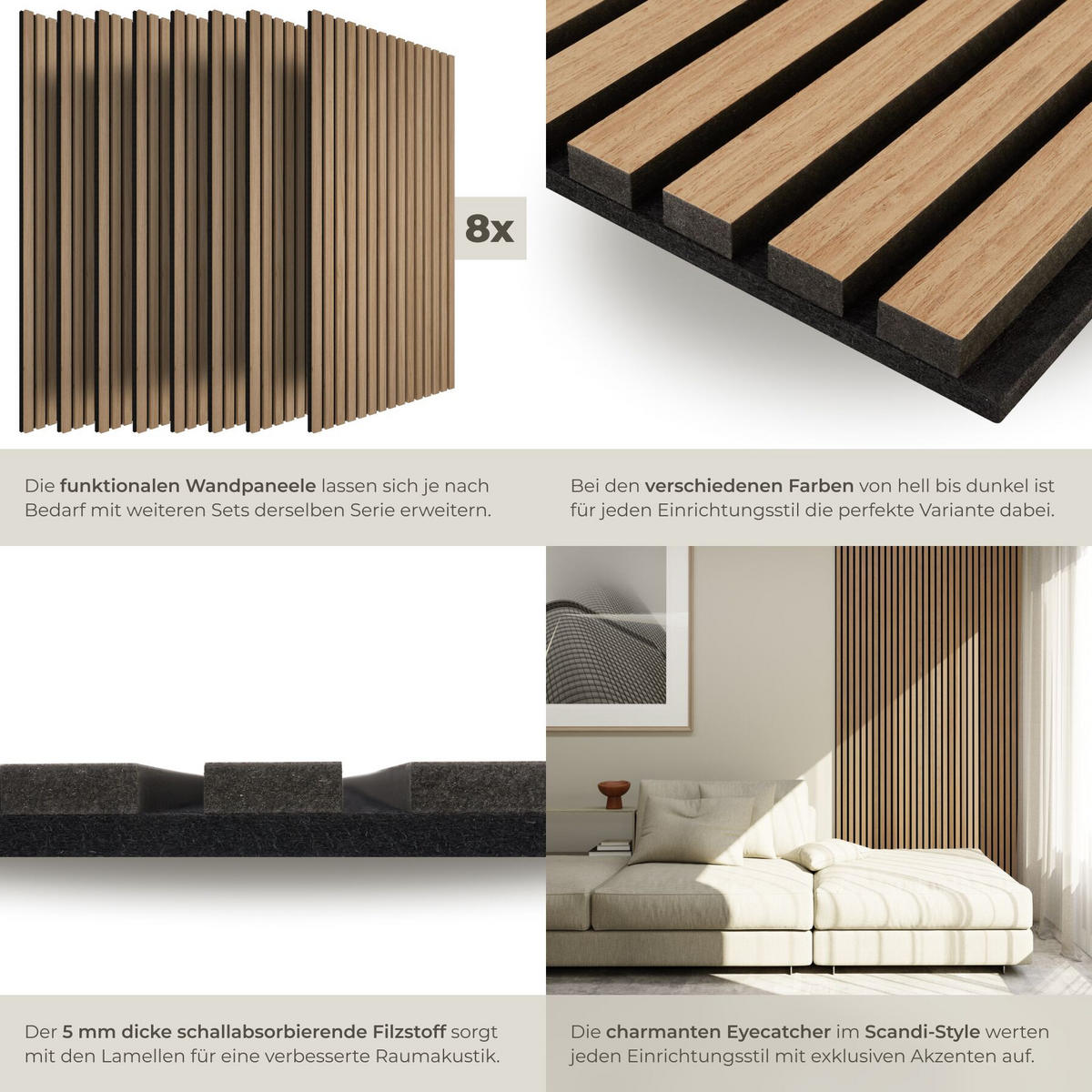 AKUSTIKPANEELE 8er Set Sonic Wall Iv, je 110 x 50 x 1,1 cm, Größe flexibel anpassbar, Eiche - Eichefarben, Holz (50/1.1/110cm) - tectake