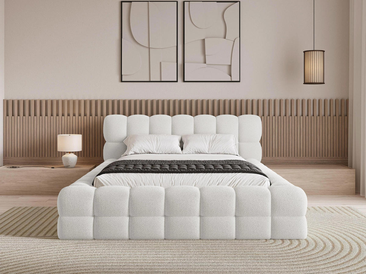 POLSTERBETT Verona 180x200 cm mit stabilem Metallrahmen, Bettkasten, Lattenrost und markantem Kopfteil - Bouclé Weiß - Weiß, Textil/Metall (180/200cm) - Chilly