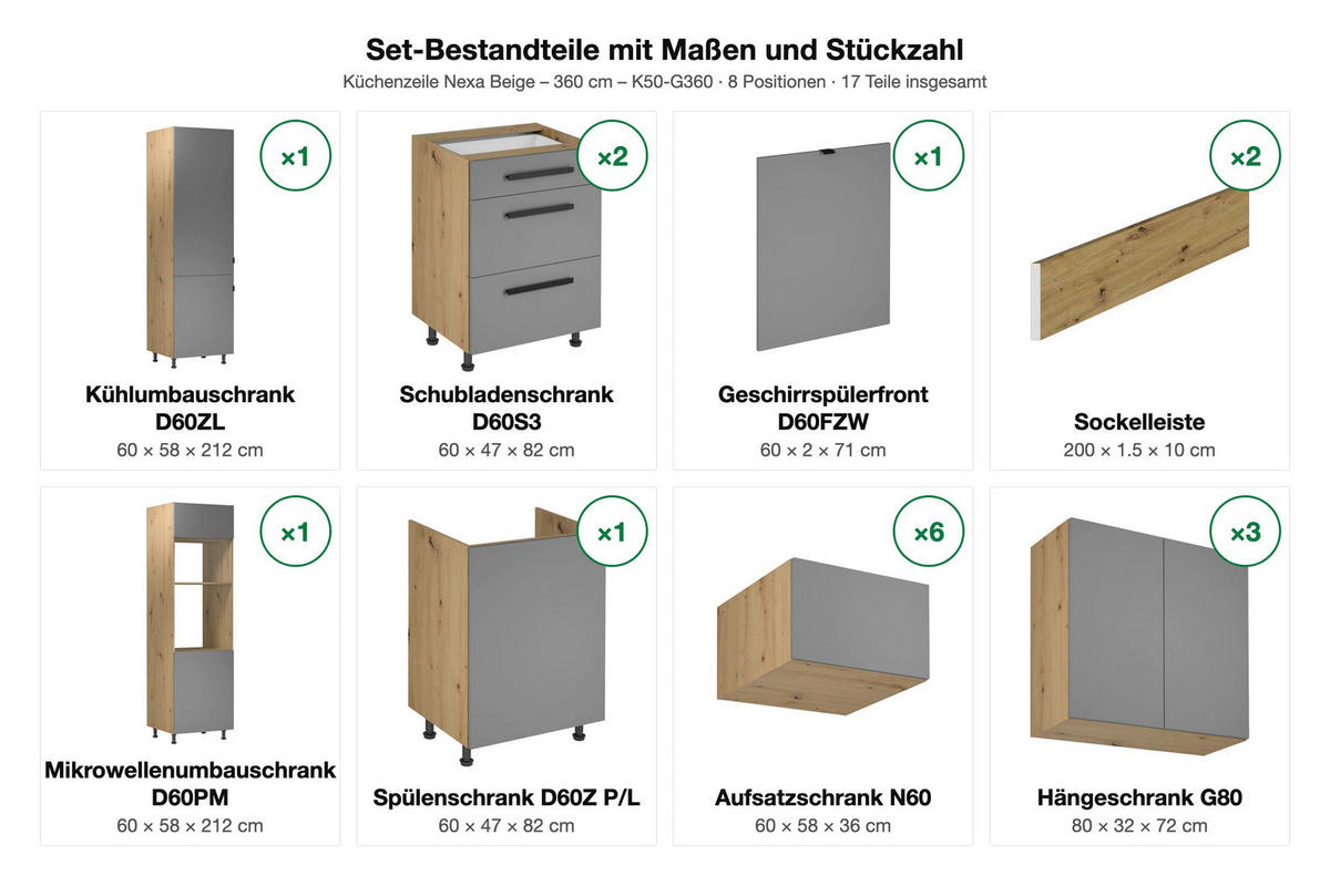 KÜCHENZEILE Nexa Beige – 360 cm – K50-G360 - Beige/Schwarz, Holzwerkstoff/Metall (360/248/58cm) - ROYAL24_MARKT