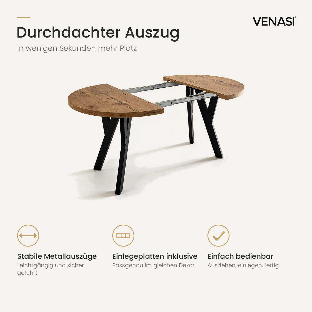 ESSTISCH ausziehbar rund 90-190 cm ATO Lancelot, Auszugstisch mit Einlegeplatte - Honigeiche/Schwarz, Holzwerkstoff (90/90/77cm) - VENASI MÖBEL