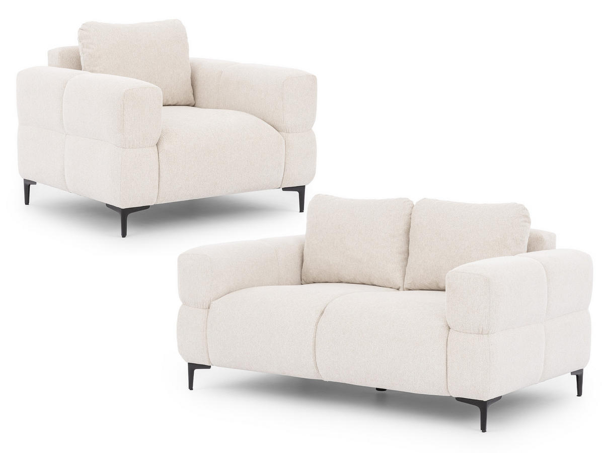 SITZGARNITUR 2+1 Cardea in Bubble-Optik aus weichem Creme Strukturstoff mit hohem Sitzkomfort - Creme/Schwarz, Holz/Textil (154/80/97cm) - S-Style Möbel