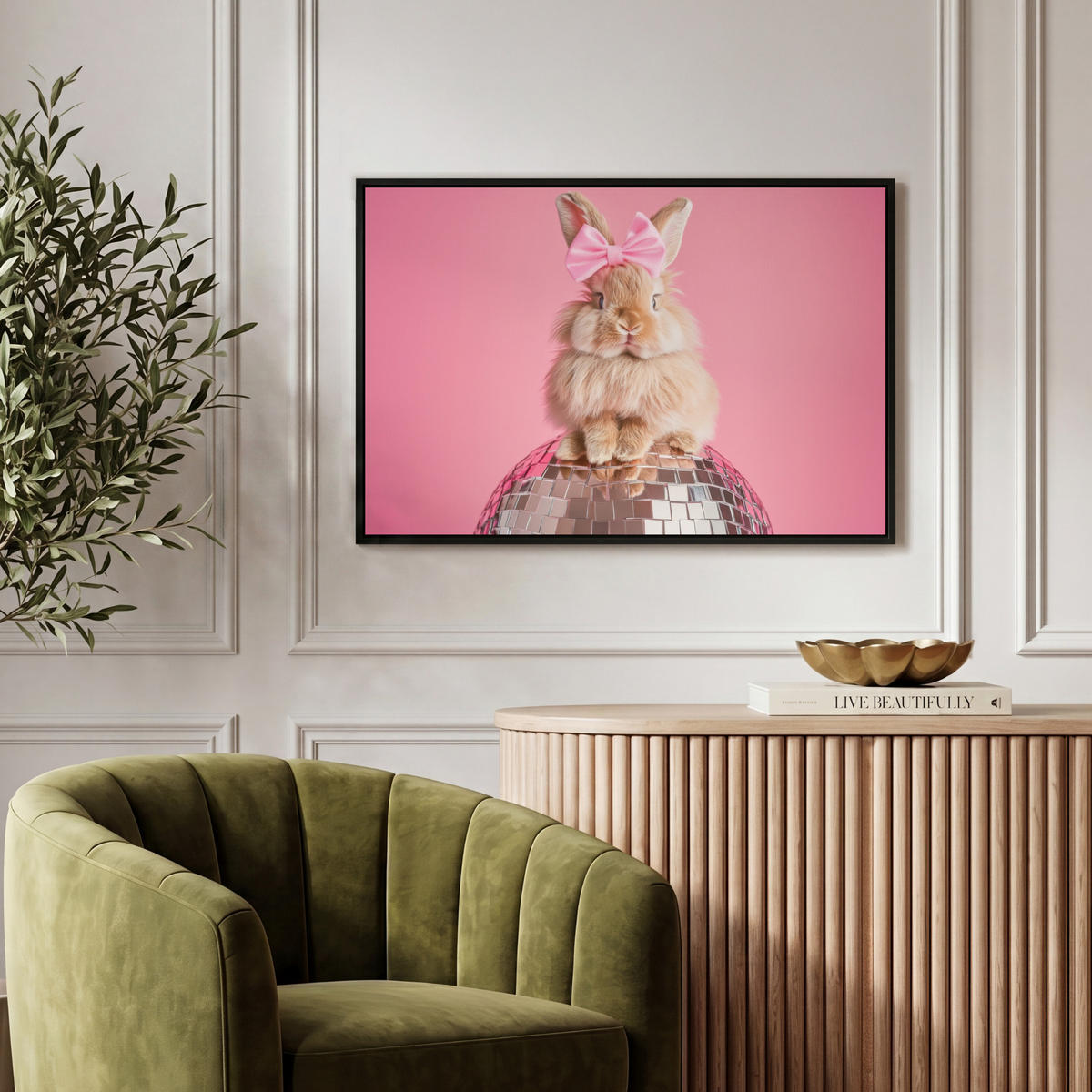 LEINWAND Bilder mit Rahmen - Schleife - Discoball - Kaninchen - 60x40 - Pink, Textil (60/40cm) - MuchoWow