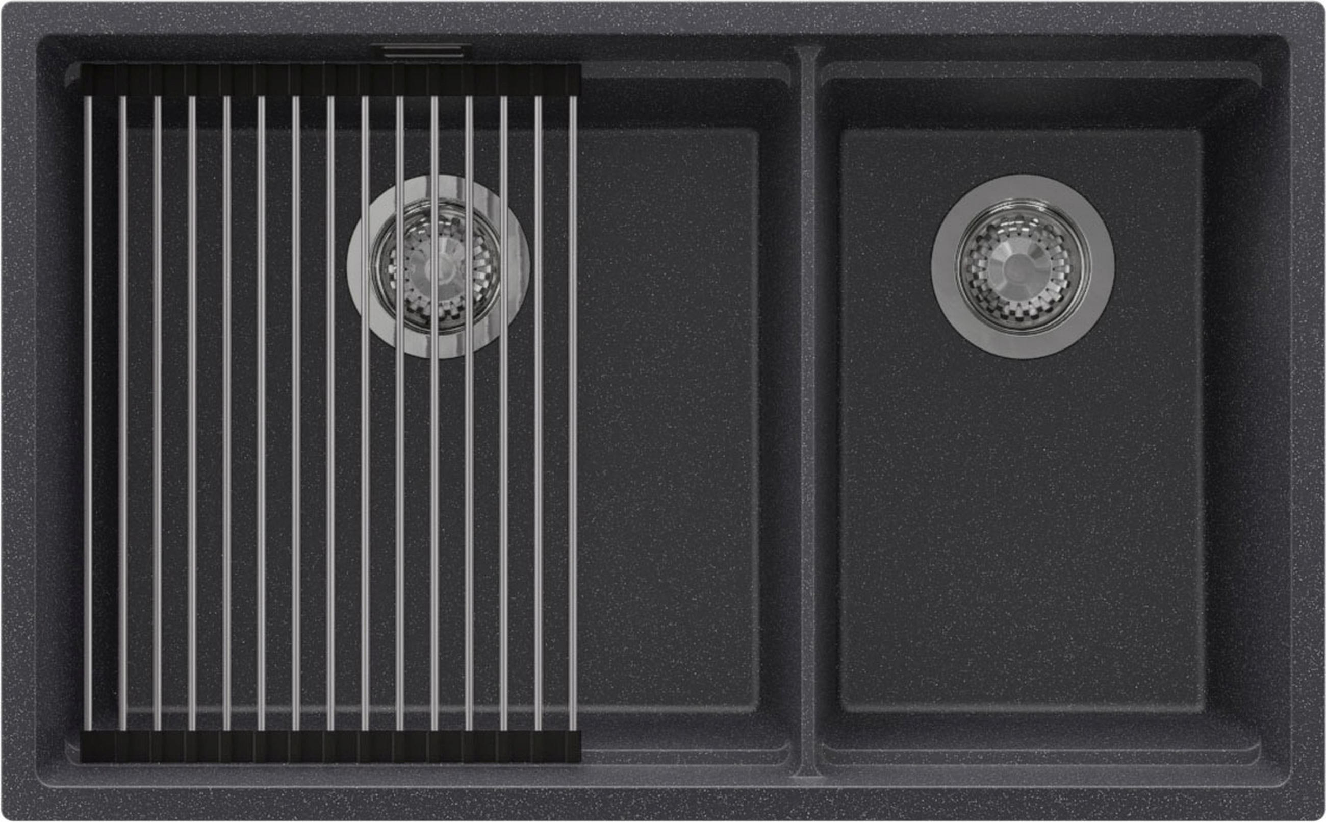 SPÜLBECKEN Praga Slim Duo, 2-er set Anthrazit 76/47 cm 2 Becken + Ablauf-Set + Aufrollbare Abtropffläche ab 80er Unterschrank - Chromfarben/Anthrazit, Kunststoff (76/20/47cm) - Primagran