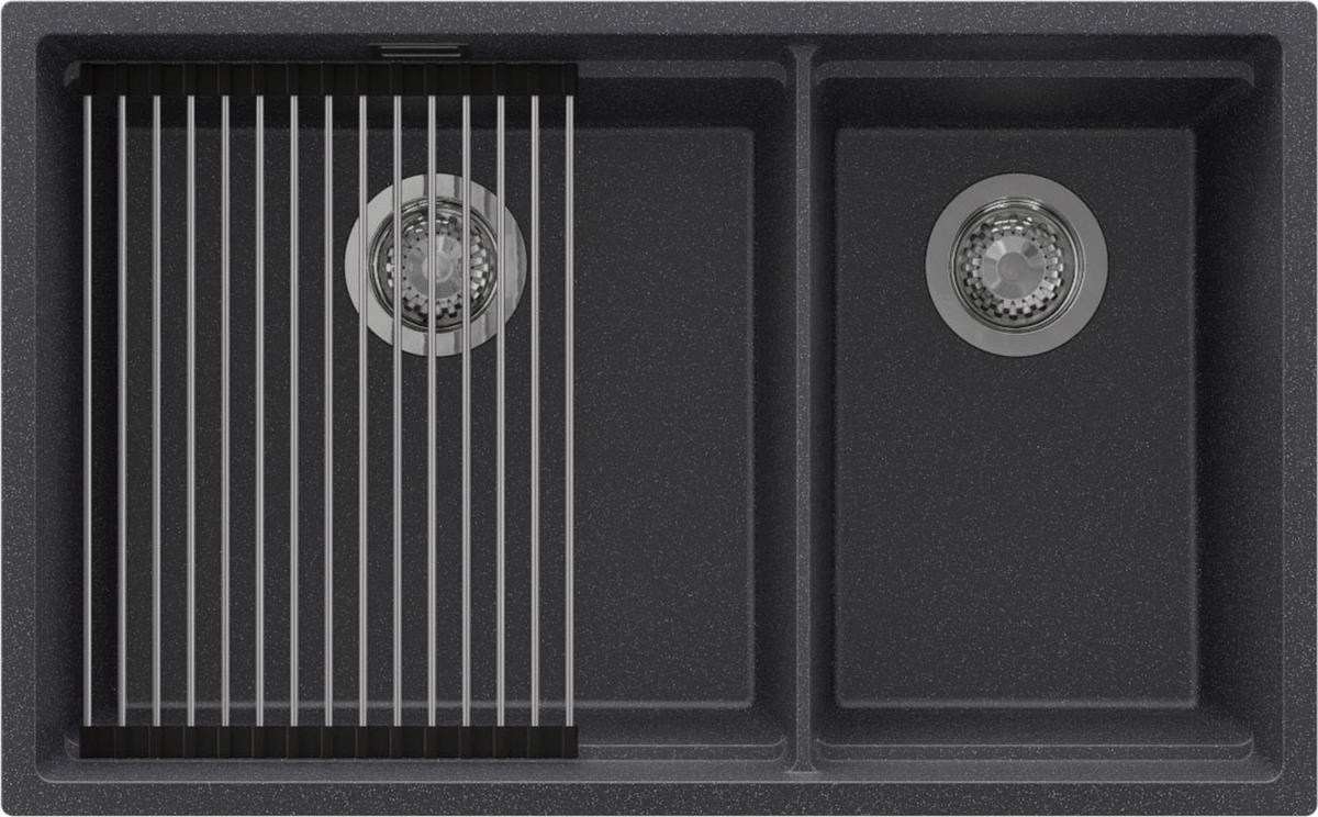 SPÜLBECKEN Praga Slim Duo, 2-er set Anthrazit 76/47 cm 2 Becken + Ablauf-Set + Aufrollbare Abtropffläche ab 80er Unterschrank - Chromfarben/Anthrazit, Kunststoff (76/20/47cm) - Primagran