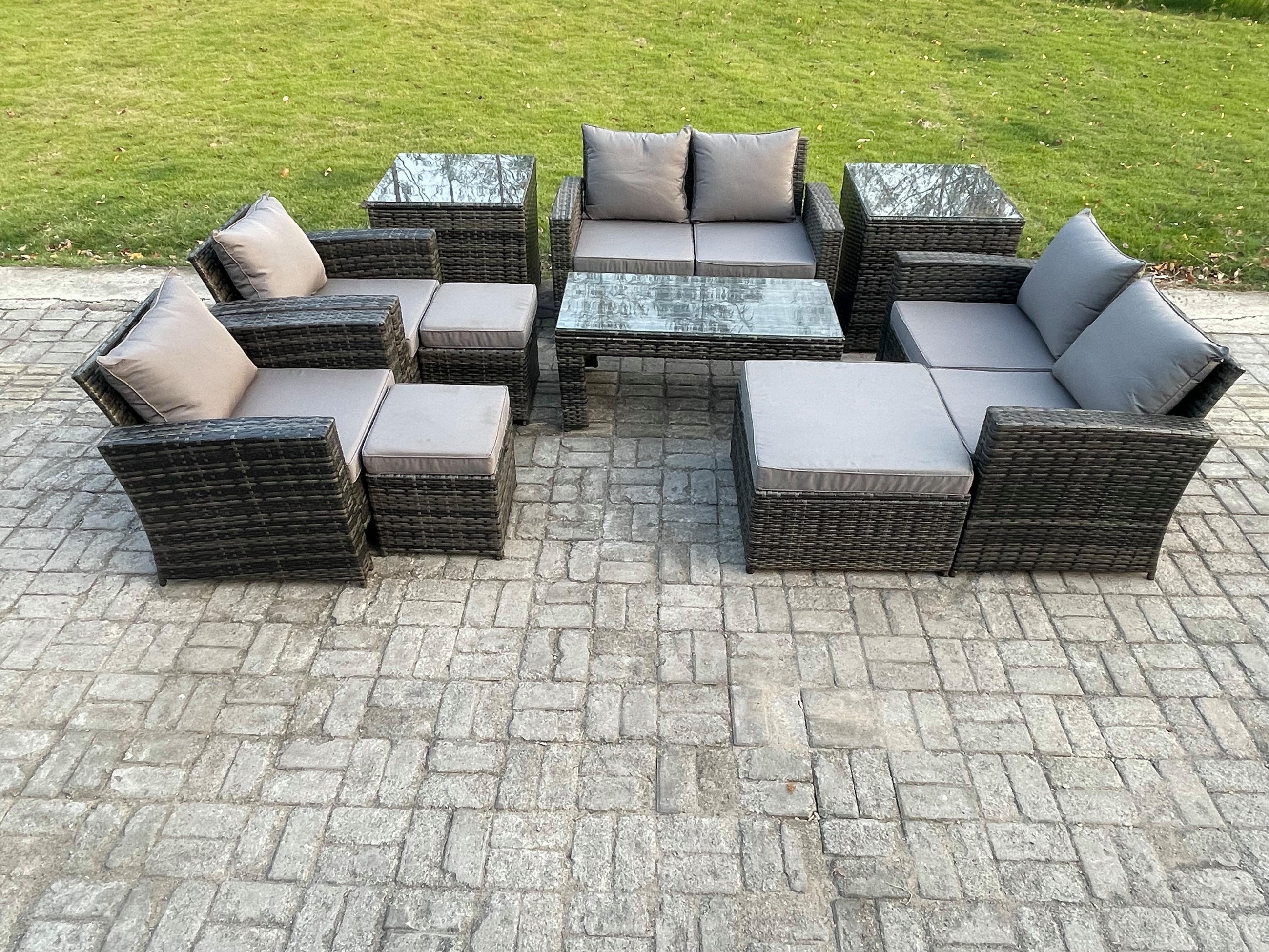 GARTENMÖBEL Set Polyrattan Dunkelgrau 9-Sitzer - Dunkelgrau, Metall - Fimous