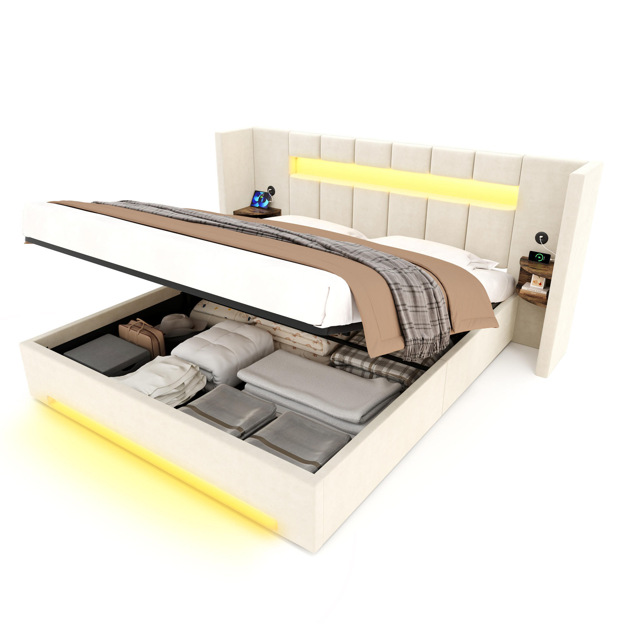 POLSTERBETT 180/200 cm mit USB-Anschlüssen, LED-Beleuchtung, Hydraulik-Stauraum und Retro-Schränken, Beige - Beige, Textil (180/200cm) - Redom