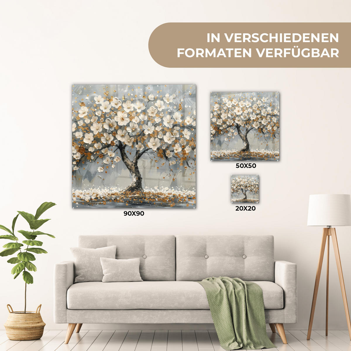 ACRYLGLASBILD Baum - Blumen - Weiß - Natur - Kunst 50x50 cm - Weiß, Glas (50/50cm) - MuchoWow