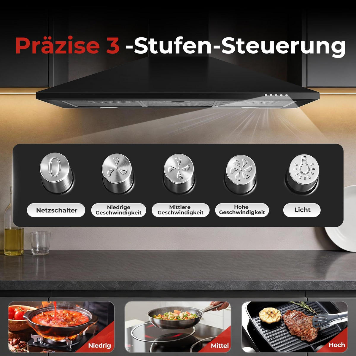 DUNSTABZUGSHAUBE Edelstahl mit LED-Beleuchtung, Aktivkohlefilter, Filter - Schwarz, Metall (25.6/56.71/96.52cm) - Korfee
