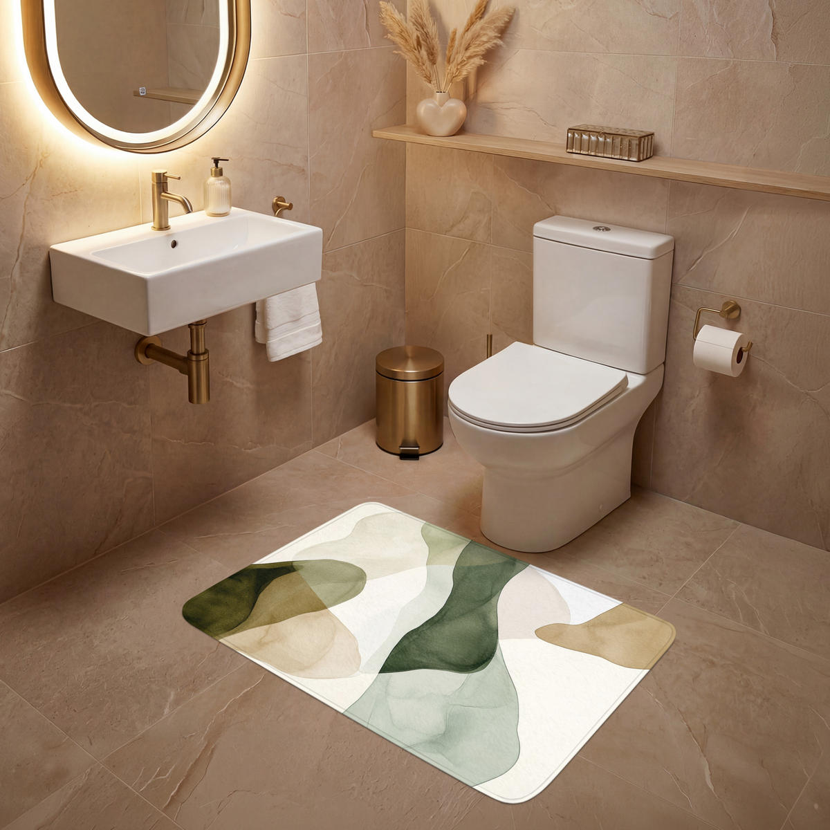 WC-VORLEGER Japandi - Abstrakt - Grün Toilettenteppich 90x60 cm - Grün, Kunststoff/Textil (90/1cm) - OnlyWow