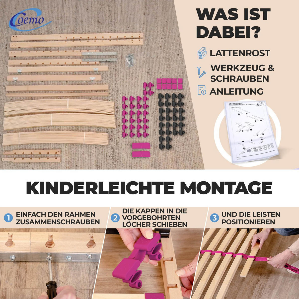 LATTENROST PINK DREAM 90 x 200 cm Kopfteil verstellbar, Selbstmontage - Naturfarben, Holz (90/200cm) - Coemo