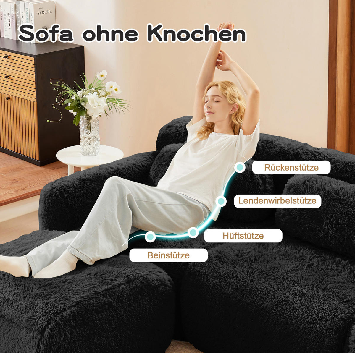 2-SITZER Sofa aus Plüsch in Schwarz mit modularem Design - Schwarz, Textil (104/73/204cm) - Modfu