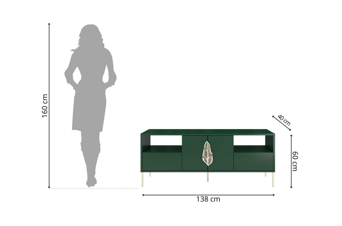 LOWBOARD Merlin, Grün, Goldene Details - Dunkelgrün/Goldfarben, Holzwerkstoff/Metall (138/60/40cm) - Skandica