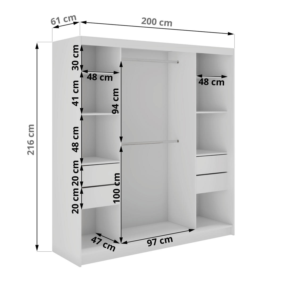 SCHWEBETÜRENSCHRANK mit Spiegel und Schubladen - WALENCJA - 200 - Weiß lacobel - Alufarben/Weiß, Holzwerkstoff/Metall (200/216/61cm) - MKS