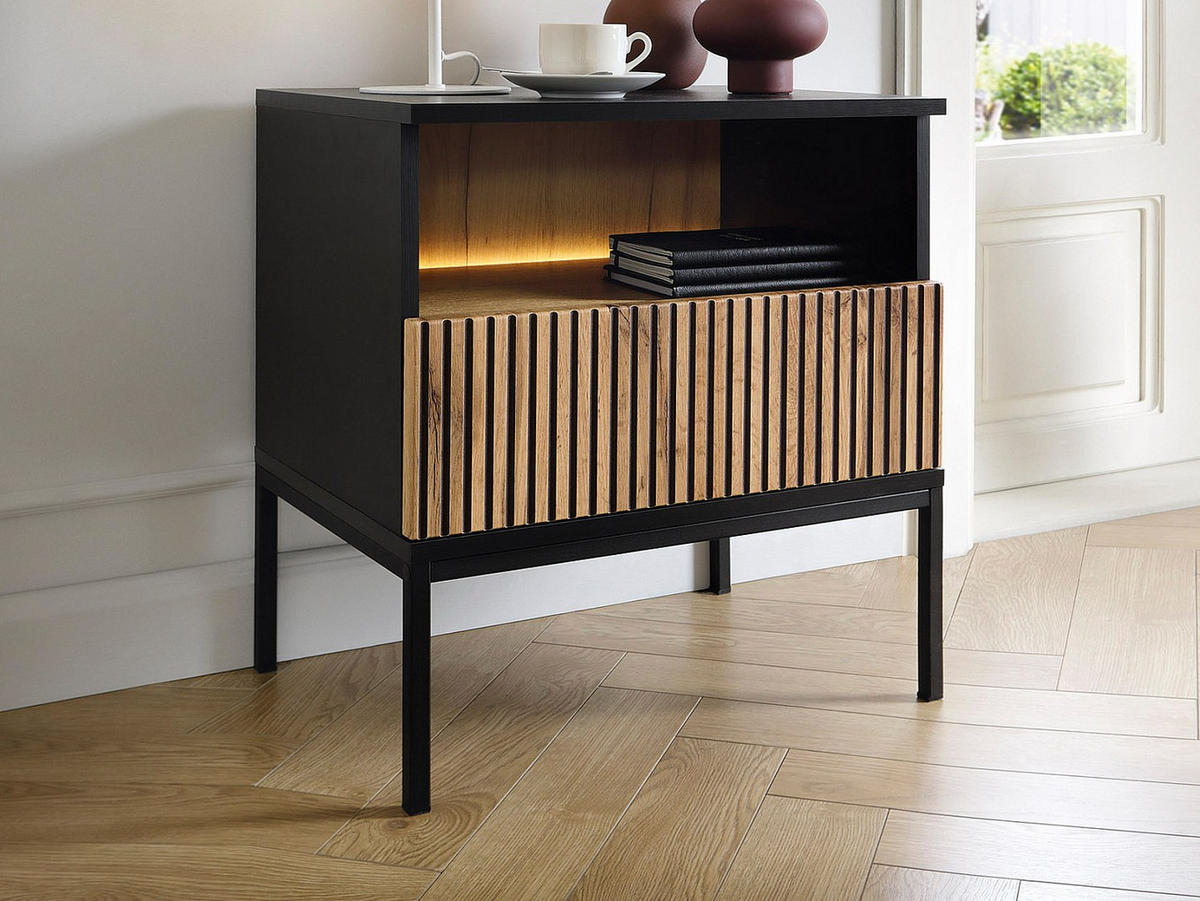 2ER-SET Nachttische mit 1 Schublade & 1 Ablagefach - Mit LED-Beleuchtung - Schwarz und Holzfarben - OVILA - Schwarz, Holz (53.6/56.2/39cm) - Vente-Unique