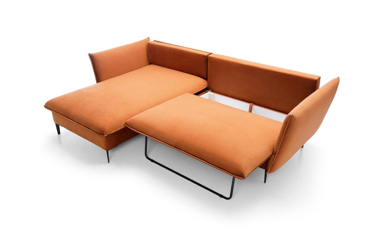 ECKSOFA SOLE Orange Plüsch-Stoff mit Schlaffunktion - Orange, Holz (258/167cm) - MASSENO