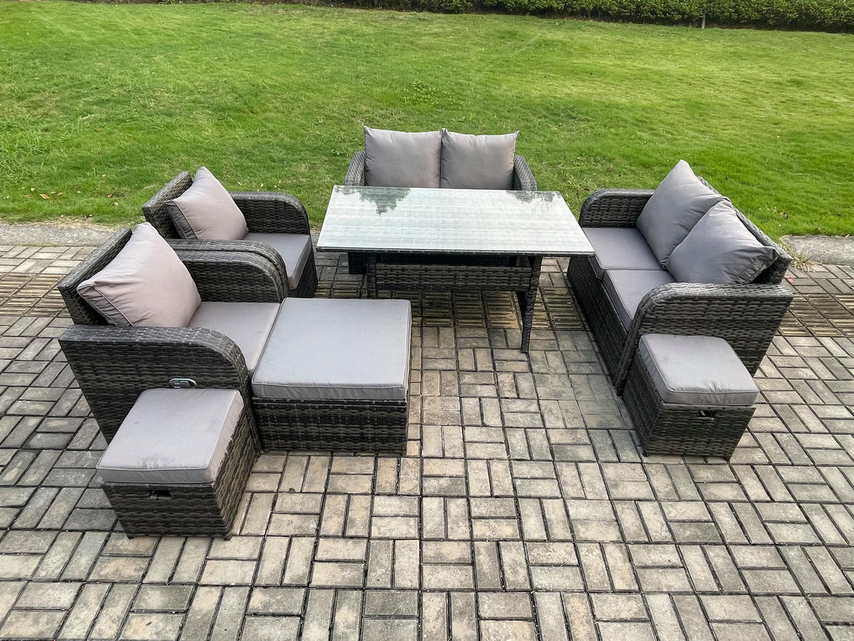 GARTENSET mit Zweisitzer,Esstisch,Polyrattan 9-Sitzer - Dunkelgrau/Grau, Glas/Kunststoff - Fimous