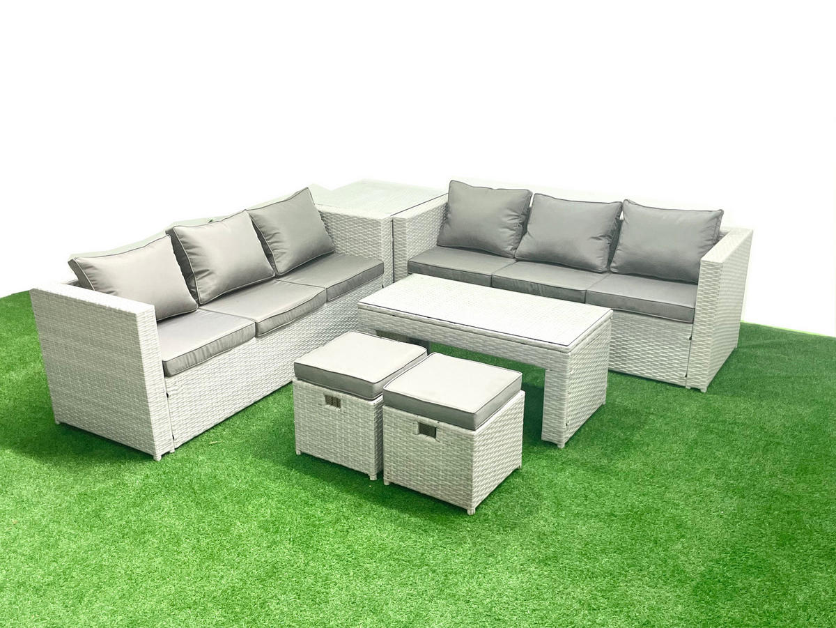 GARTENSOFA hohe Rückenlehne Polyrattan Hellgrau-Mix 8-Sitzer - Hellgrau/Grau, Glas/Kunststoff - Fimous