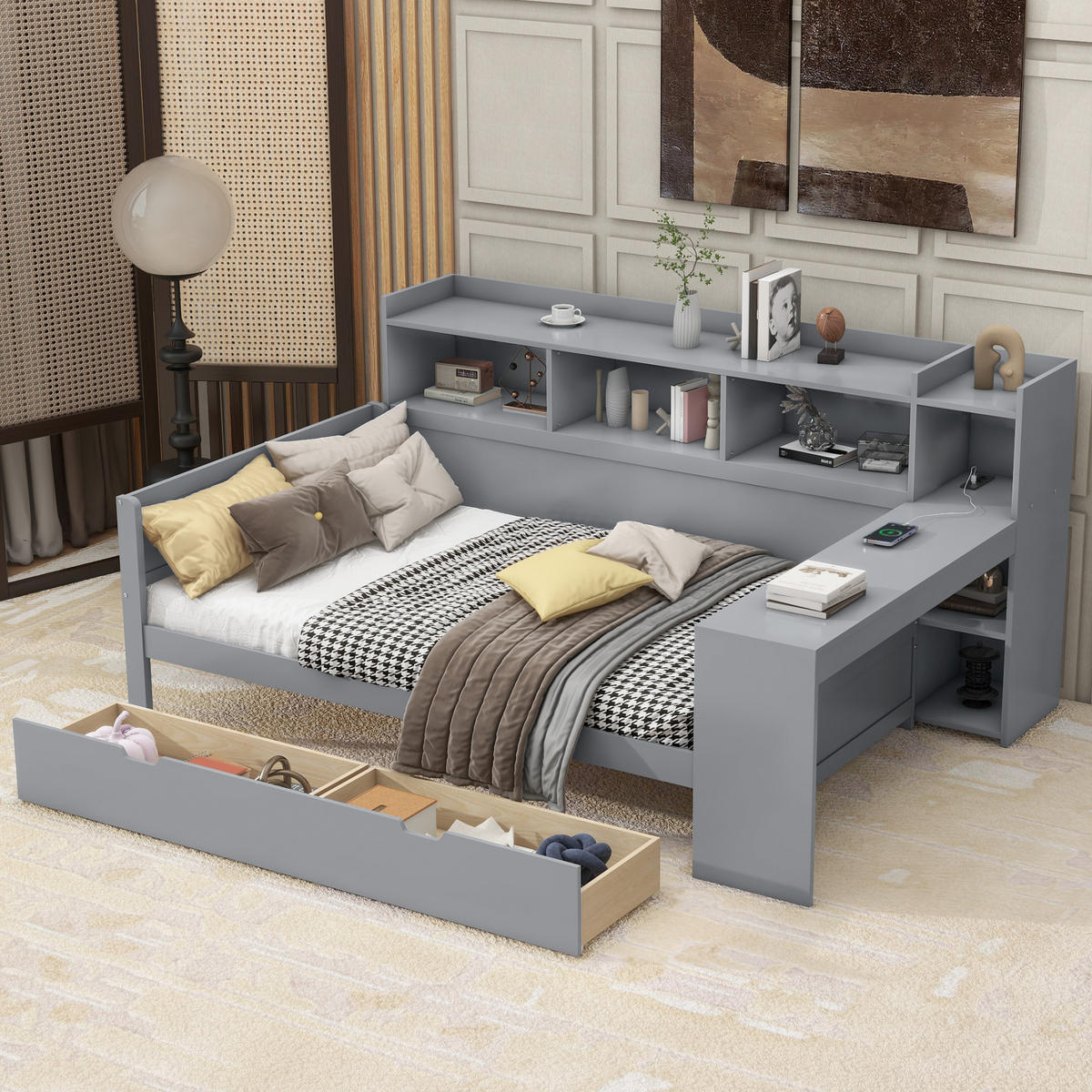 SCHLAFSOFA 90x200cm Grau Spanplatte Nachttischablage Schreibtisch USB - Grau, Holz (90/200cm) - FLIEKS