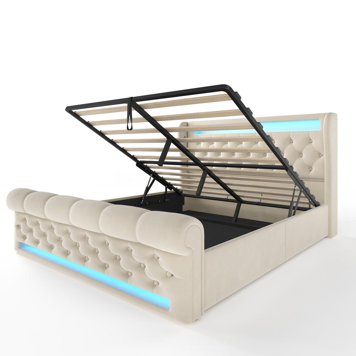 TAPECIRANI krevet 140/200 cm bež od baršuna s LED rasvjetom, spremištem i madracem - bež, tekstil (140/200cm) - OKWISH