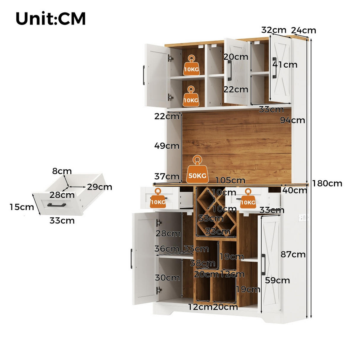 KÜCHENSCHRANK MIT LED-BELEUCHTUNG UND STECKDOSE, mit Weinregal, MDF, Scheunentor-Design, für Esszimmer, 105/40/180 cm - Naturfarben, Kunststoff (40/180/105cm) - Rolipo