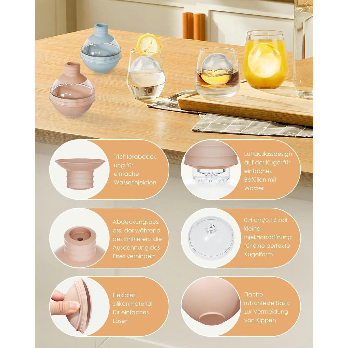 EISWÜRFELFORM 4er Set 6 cm Kugel mit Trichterdeckel - Multicolor, Kunststoff (7/8.5/7cm)