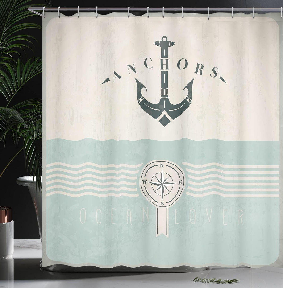 DUSCHVORHANG nautisch Anker Marineblau Vintage Stoff Set Dekor Badezimmer mit Haken Meer Schwarz Beige - Blau, Textil (180/200cm) - MCBOSON