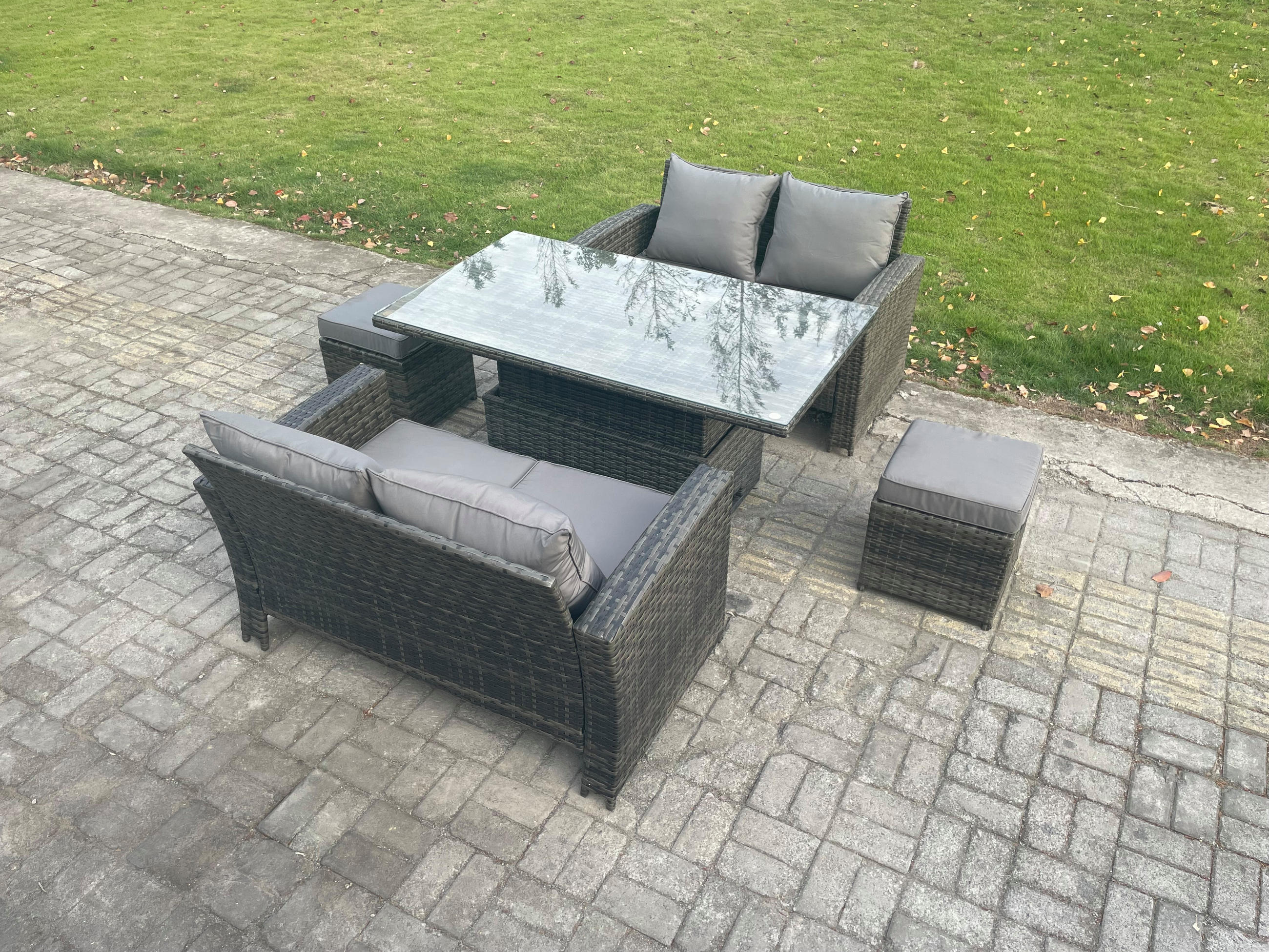 GARTENMÖBE-SET HÖHENVERSTELLBARER ESSTISCH SOFA MIT 2 KLEINEN HOCKER Polyrattan Dunkelgrau Gemischt 6-Sitzer - Dunkelgrau, Metall - Fimous