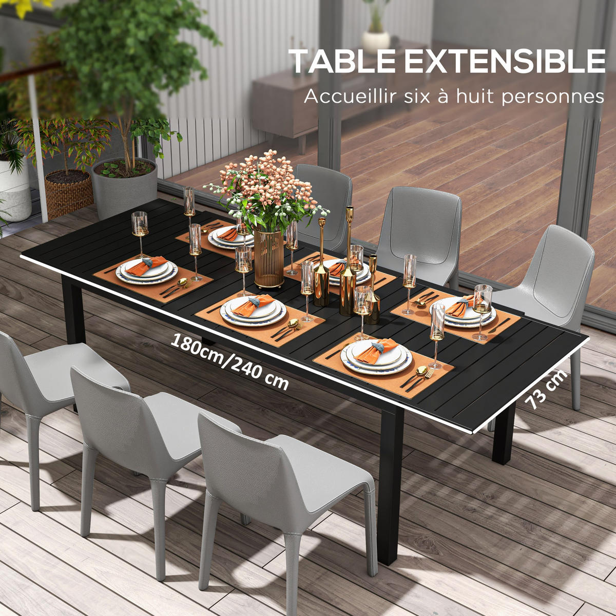 GARTENTISCH DE-14096 Aluminium, 180/240 cm Schwarz - Schwarz, Metall (240/94/73cm) - ComfortXL