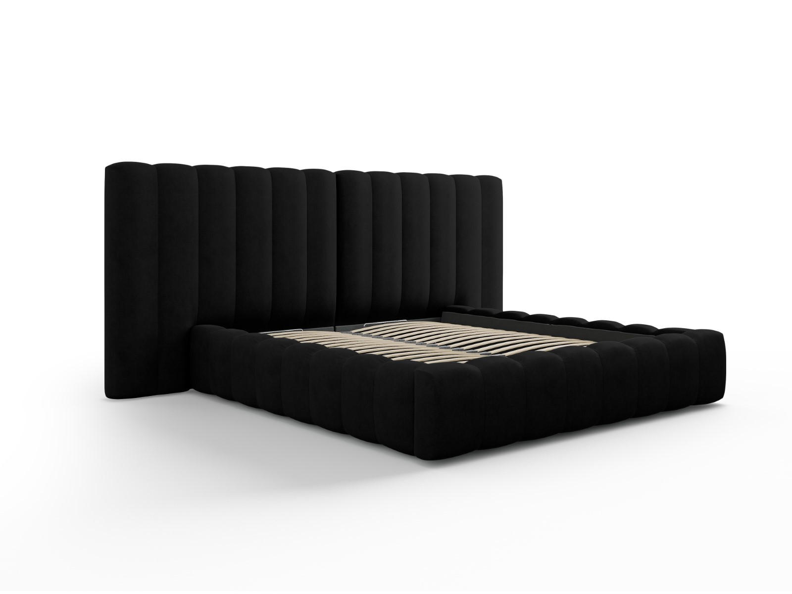 BETT mit Bettkasten und Doppelkopfteil Kelp aus strukturiertem Stoff schwarz 140x200cm - Schwarz, Textil (140/200cm) - Micadoni