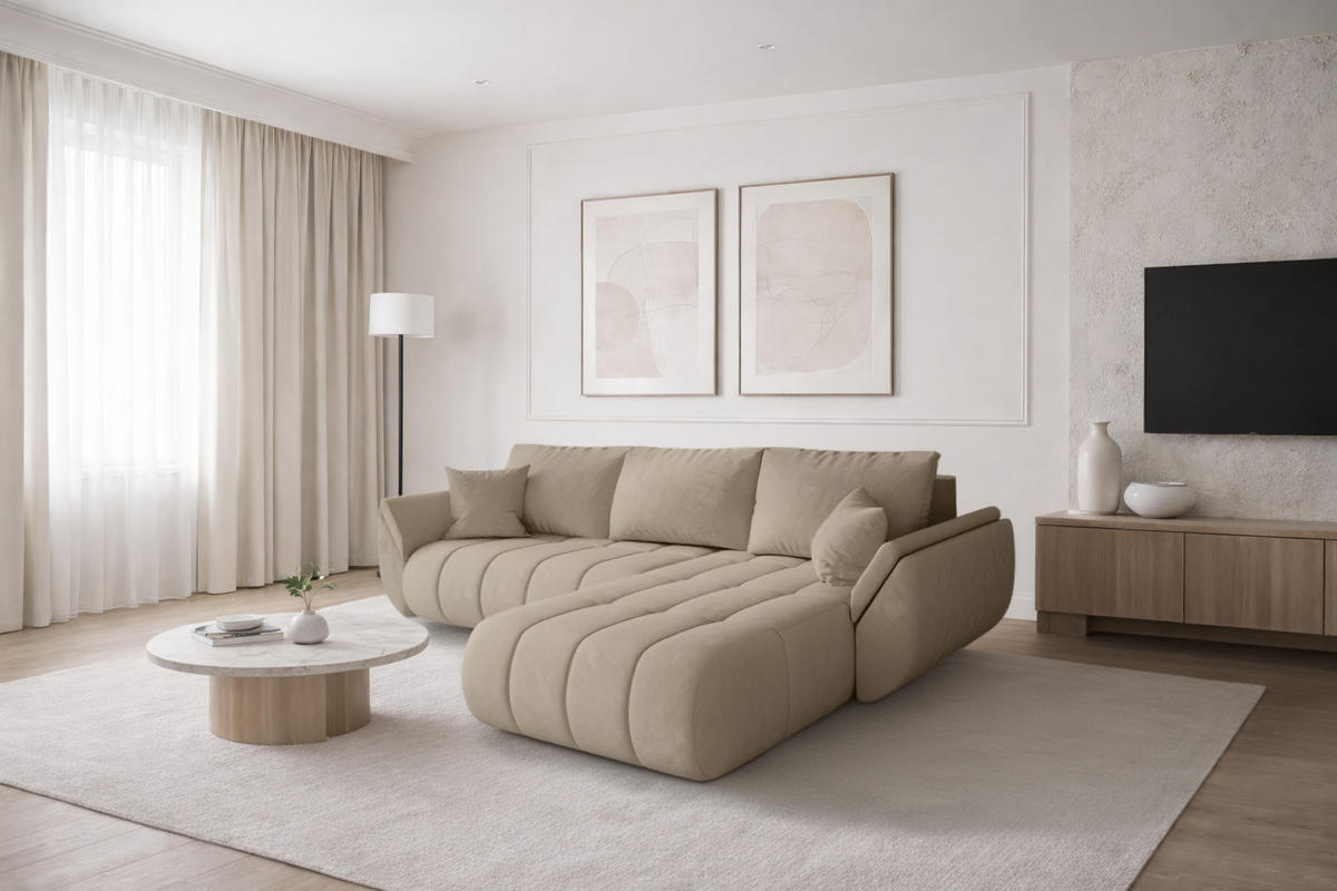 ECKSOFA TOKYO PREMIUM mit Schlaffunktion, Stoff MONOLITH, Ecru, Rechts - Ecru, Holz (280/190cm) - Kaiser Möbel