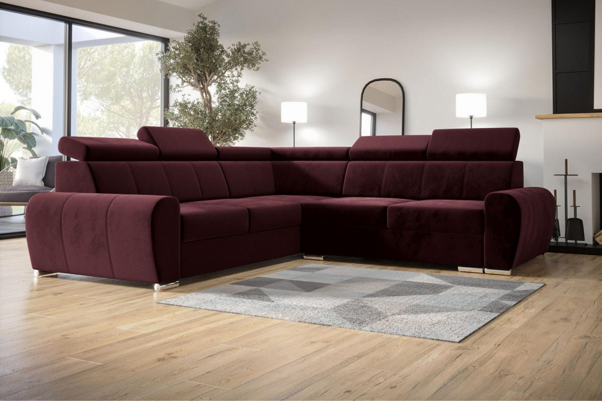 ECKSOFA APOLLO,mit Schlaffunktion und Bettkasten, Farbe: Rot, Velourstoff, Ottomane Links - Rot, Textil (255/255cm) - O-Sofa