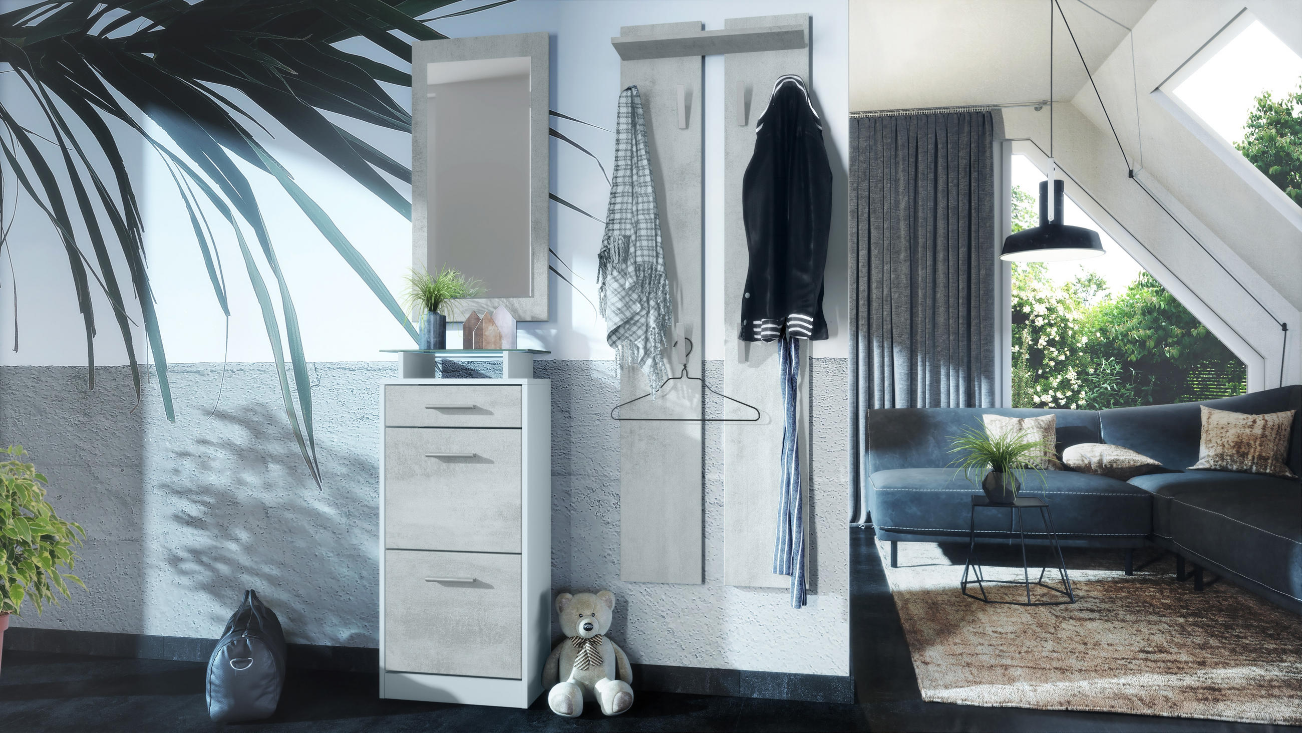 GARDEROBE Loret Front in Beton Oxid Optik - Hellgrau, Holzwerkstoff (140/200/23cm) - Vladon