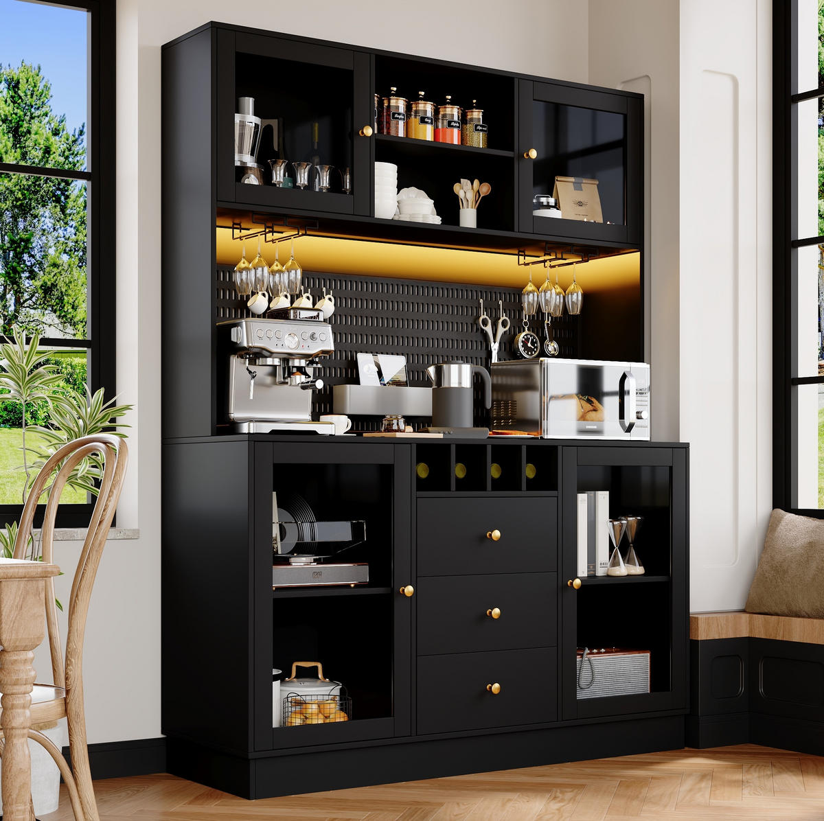 BUFFET 140/185,7/40 cm Schwarz aus MDF und Glas mit LED-Beleuchtung - Schwarz, Holzwerkstoff (40/185.7/140cm) - OKMYHOME