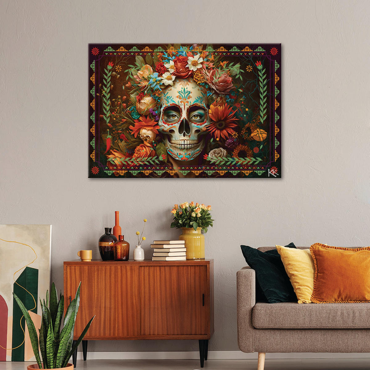 WANDBILD bunter totenkopf mit blumen - Multicolor, Textil (60/40cm) - Feeby