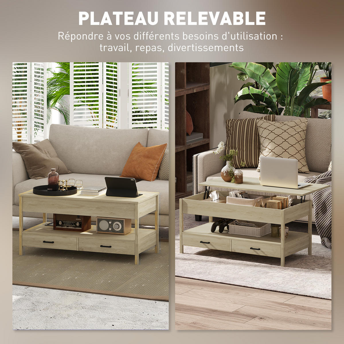 COUCHTISCH DE-15779 höhenverstellbare Platte Eiche - Eichefarben, Holzwerkstoff (100/50/62cm) - ComfortXL