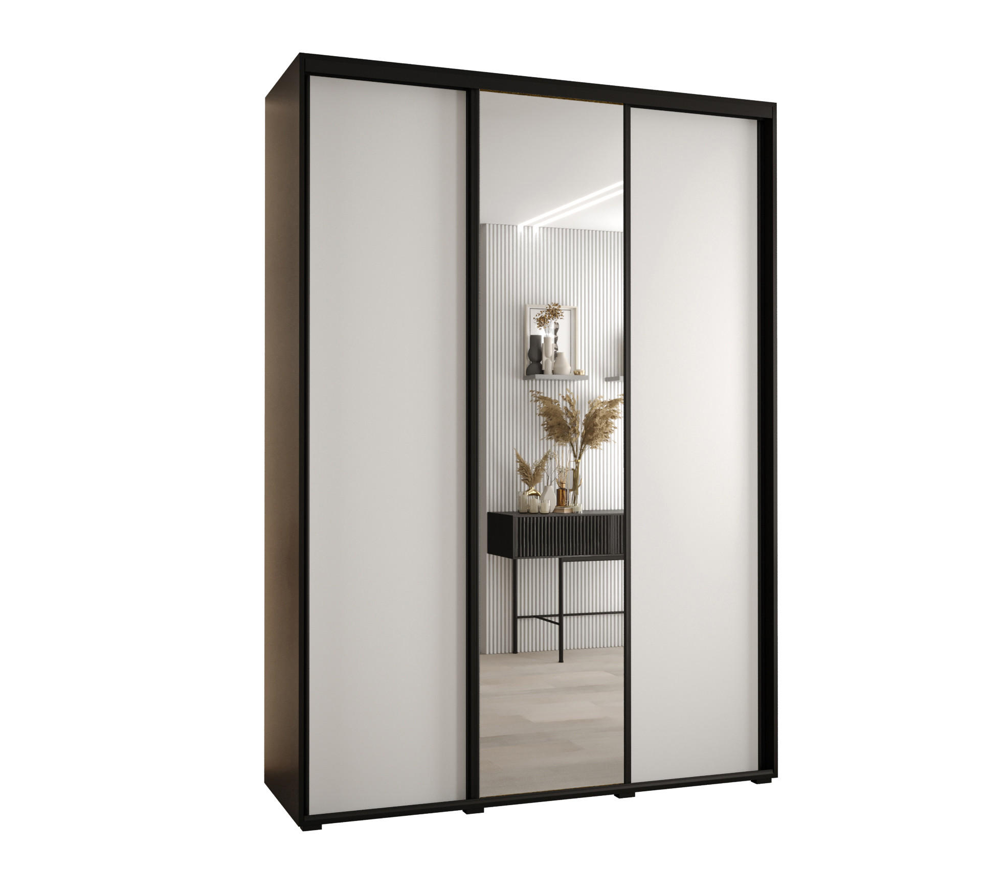 Abiks Möbel Schwebetürenschrank Schwarz, Weiß, Schwarz 180x235x45 cm