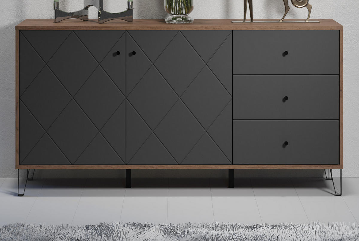 SIDEBOARD Graphite grau, Eiche Kraft Gold 183 x 76 cm, Kommode mit Soft-Close - Eichefarben/Schwarz, Holzwerkstoff/Kunststoff (183/76/40cm) - Top.Furn