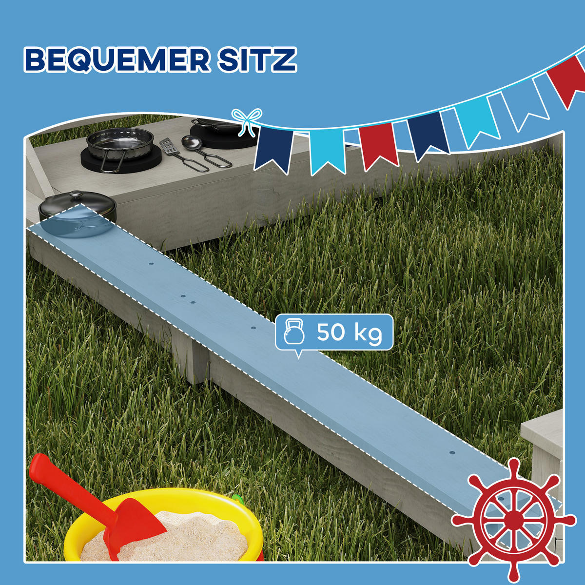 SANDKASTEN Sandkiste groß mit Abdeckung im Schiff Design Matschekiste aus Holz - Grau, Holz (180/103/144.5cm) - Outsunny