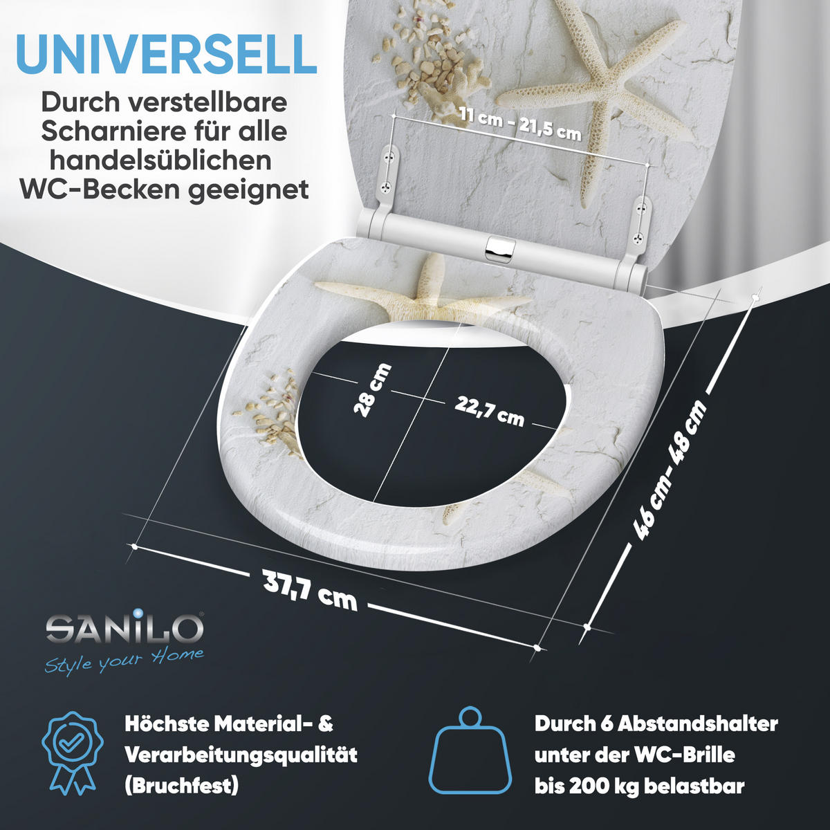 WC-SITZ mit Absenkautomatik & Top Fix Seestern - Grau, Holzwerkstoff (37.7/5.5/48cm) - Sanilo